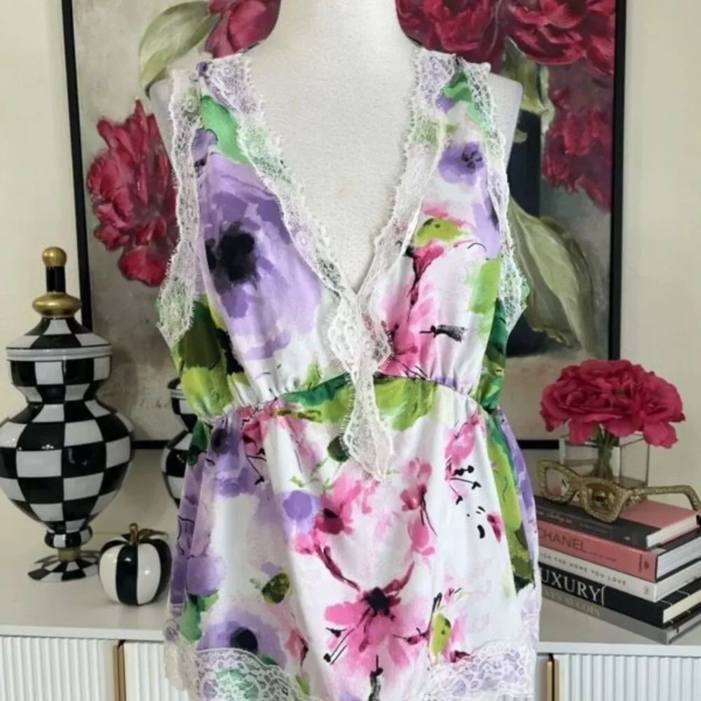 Rebecca Minkoff Women's Floral Sleeveless Lace Trim Tank Top Multicolor Large